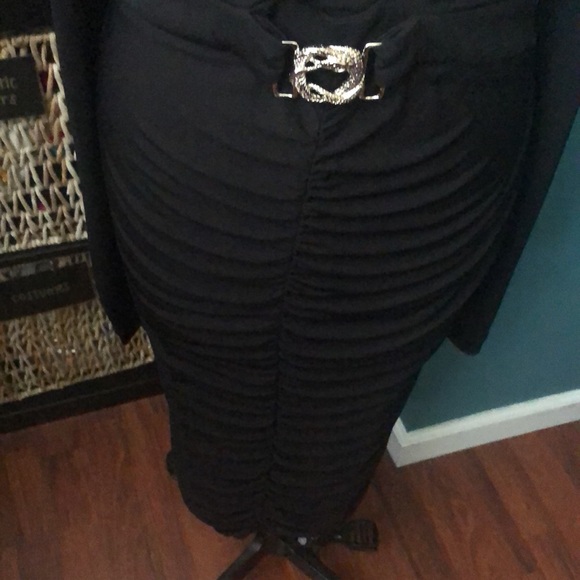 Cavalli black slim snake belt dress w/ gathered front skirt & plunging neckline - Picture 4 of 15